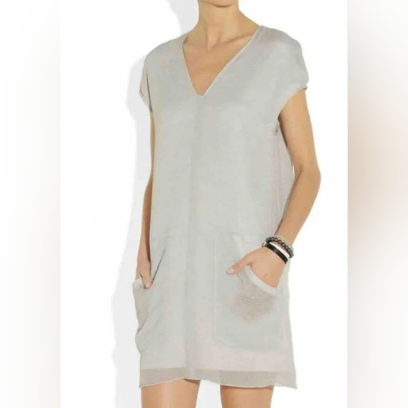 Helmut Grey Crinkle Shift V-Neck Pocket Mini Dress Lined Size Small